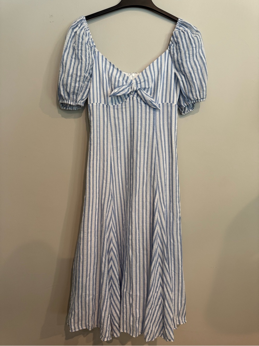 Likely Blue and White Striped Midi Dress with Front Tie